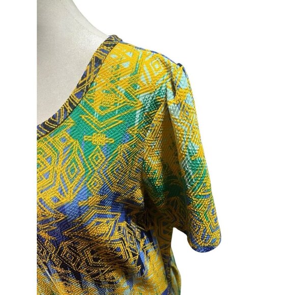 LuLaRoe Women's 3X Amelia Dress Yellow Blue Green Aztec Pleated Round Neck - Picture 8 of 9